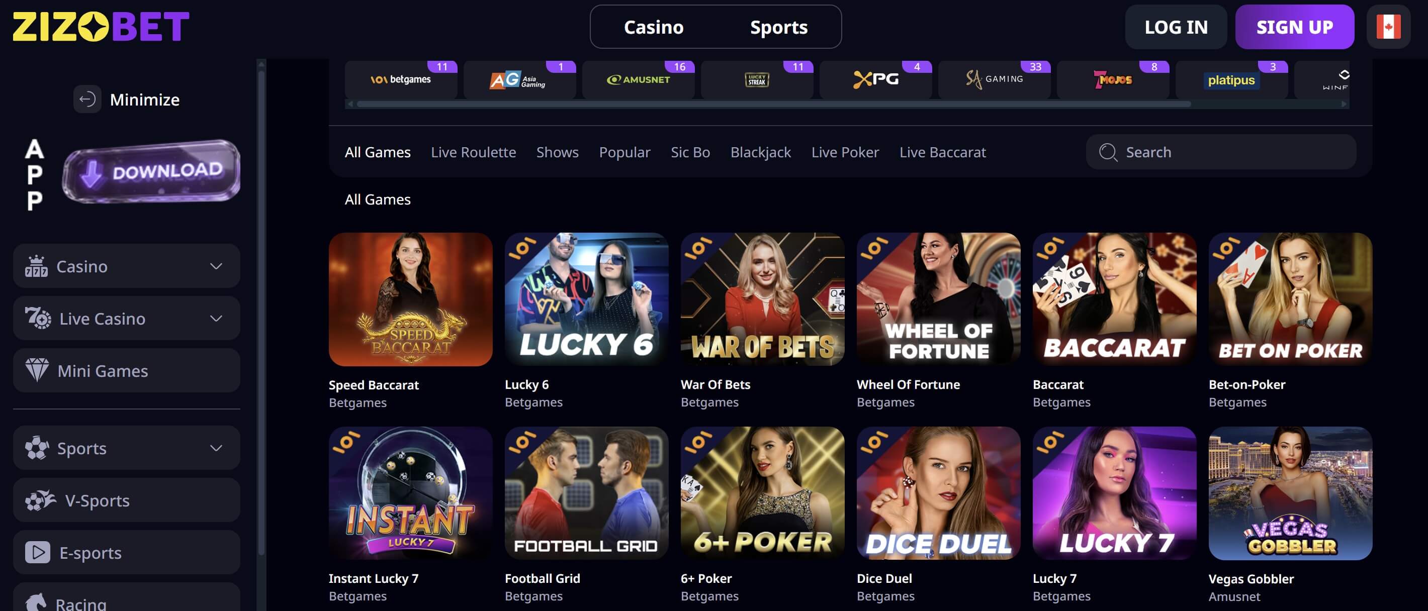 live dealer casino games at Zizobet