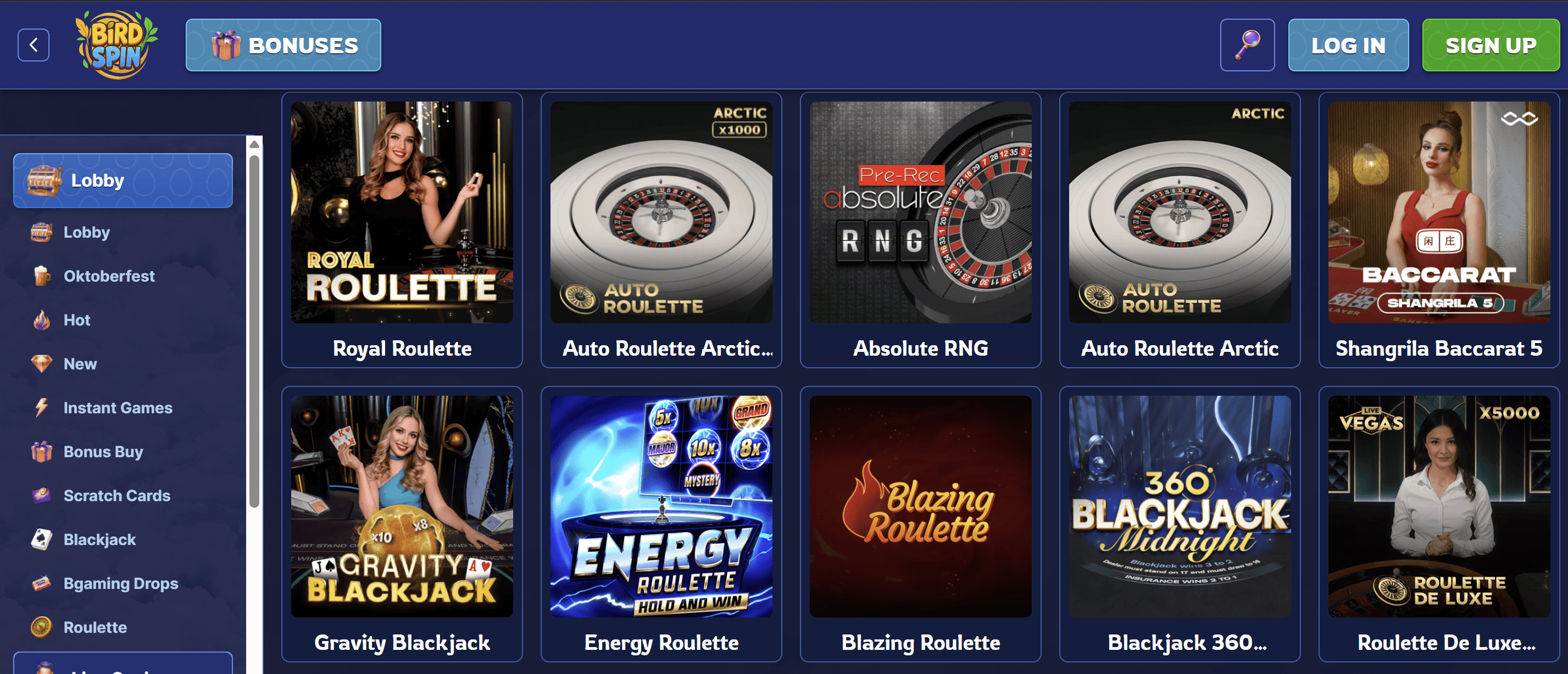 birdspin live casino lobby
