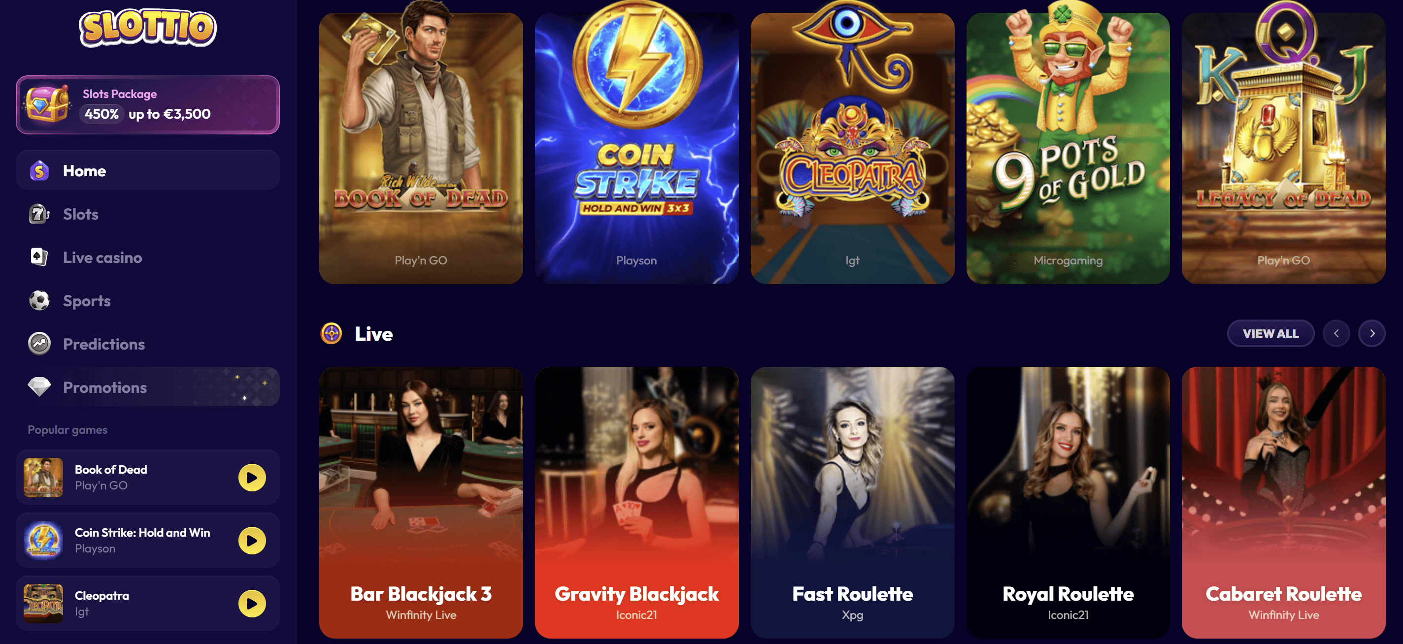 games lobby at slottion casino CA