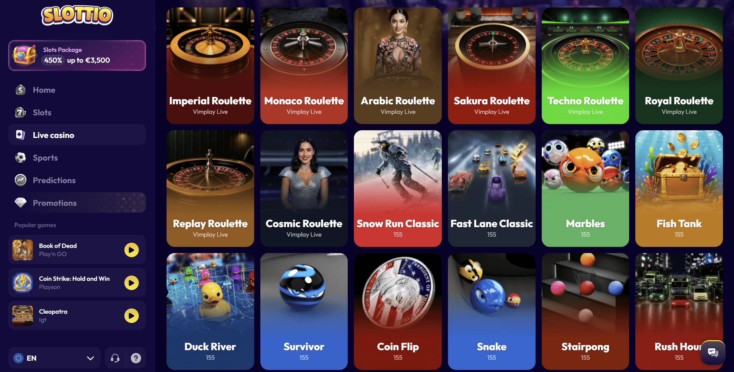 live casino games options at slottio casino