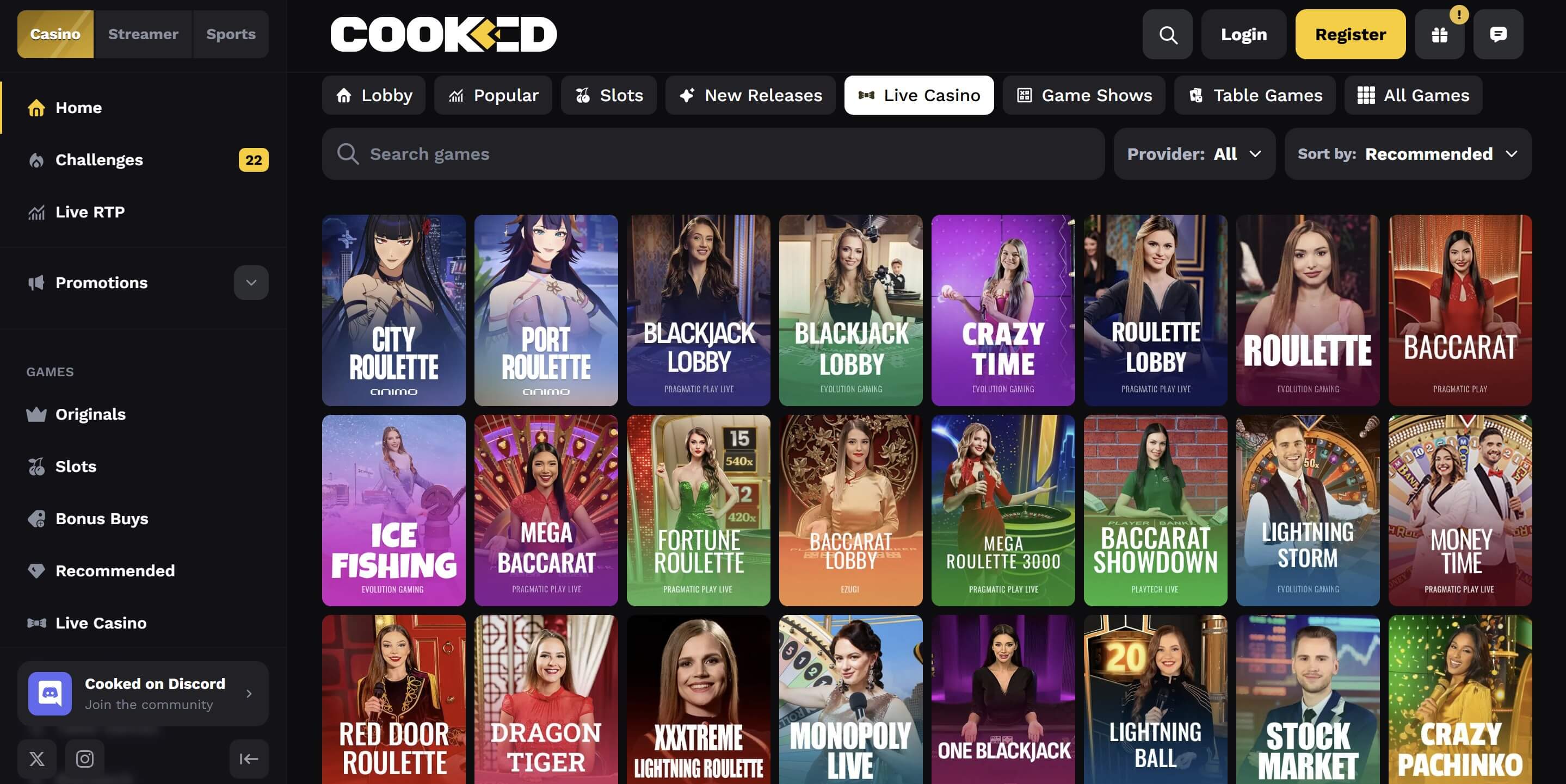 cooked.com live casino options